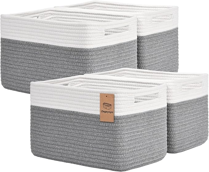 Storage Baskets for Organizing, 4 Pack Baskets for Shelves, Decorative Storage Bins for Shelves, Cotton Rope Storage Basket with Handles, Woven Basket for Storage, 13''Lx8.7''Wx7.9''H, White & Gray