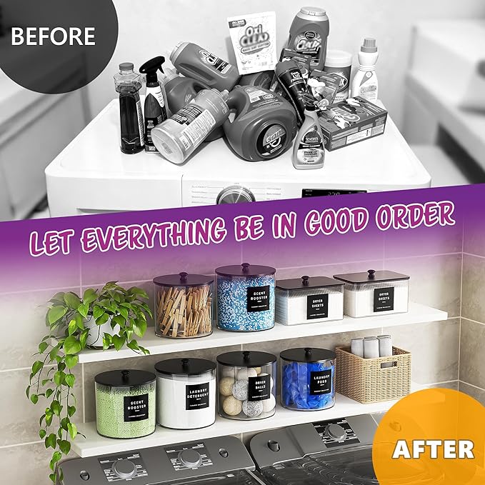 4 Pack Laundry Pods Container, Clear Laundry Room Organization Containers,Large Acrylic Detergent Powder Storage Containers Black Wooden Lids & Labels, Dryer Sheet Holder