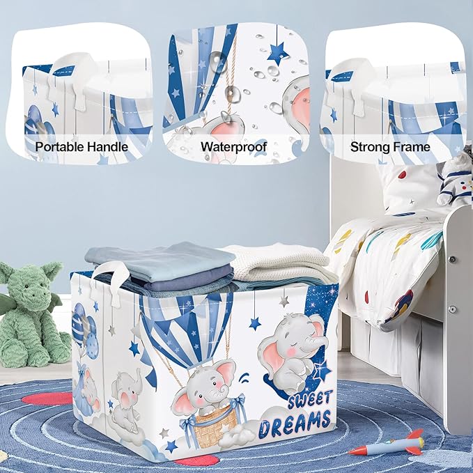 Sleeping Animals Baby Laundry Hamper Collapsible Clothes Kids Storage Basket Large Boys Girls Gift Toy Box Bin for Nursery, Elephant, 36L
