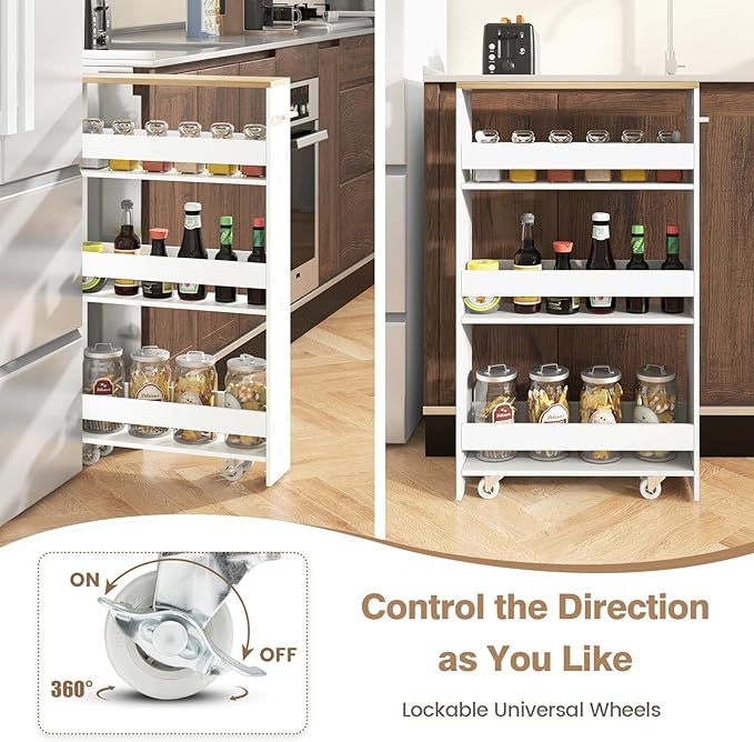 5”W Wooden Slim Rolling Storage Cart, 4 Tier Rolling Spice Rack with Handle, Cabinet Between Washer & Dryer, Slide Out Narrow Kitchen Cart for Kitchen Laundry Narrow Places