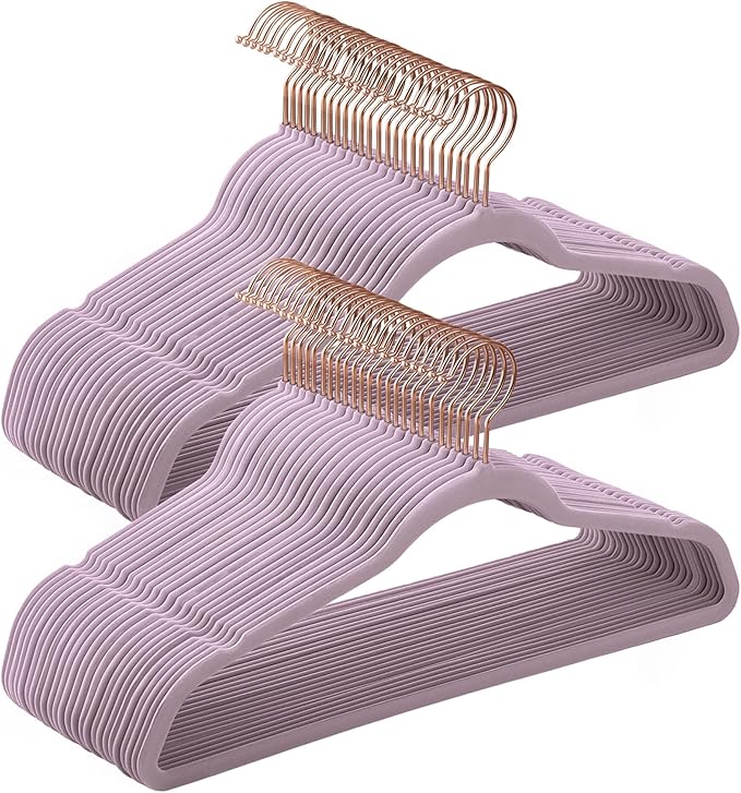 SONGMICS Slim Velvet Hangers, Non-Slip Clothes Hangers with Rose Gold Swivel Hooks, Space-Saving, for Closet, 50 Pack, Light Purple UCRF026P50