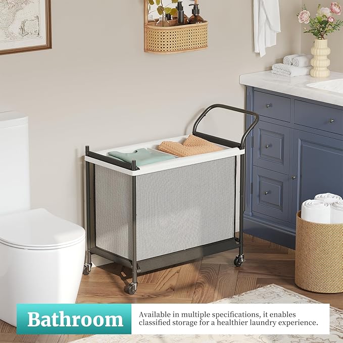 Laundry Hamper with Wheels - 2 Section Laundry Basket 140L, Removable Washable Bags, Height-Fitted Rolling Laundry Cart for Laundry Room & Bedroom