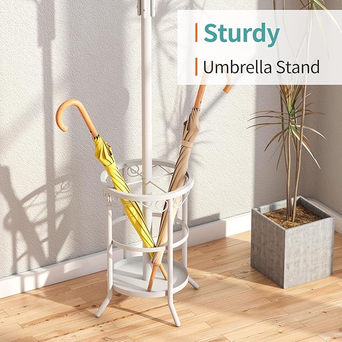 Coat Rack with Umbrella Holder, White Metal Coat Rack Stand with 12 Hooks, for Entryway, Hallway, Living Room, Bedroom