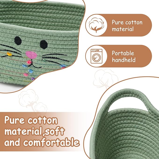 Small Woven Baskets for Organizing Rope with Handle Cute Cotton Basket for Nursery Gift Dog Cat Toy Storage Basket for Toy Organizer-Green