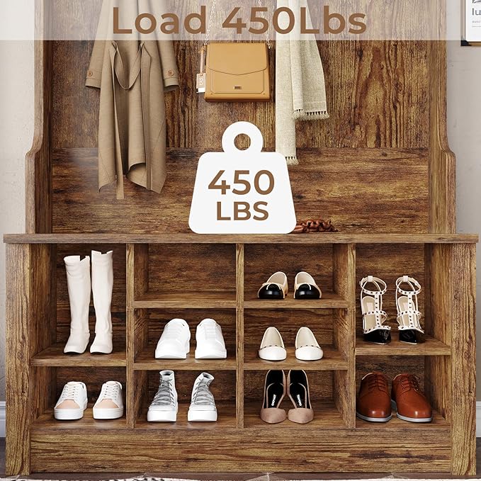 Itaar Hall Tree with Bench and Shoe Storage, Entryway Bench with Coat Rack, Shoe Cabinet with Coat Hooks, Rustic Brown