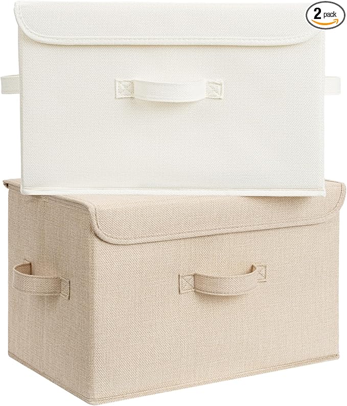 GRANNY SAYS Stoarge Basket with Lid, Decorative Storage Boxes, Closet Storage Bins for Clothes, Collapsible Stackable Organization, Ivory White&Khaki, 2-Pack