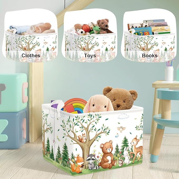 Forest Animals Laundry Hamper Woodland Tree Large Storage Basket Parents Organizer Kids Clothes Toy Bins for Bedroom, Bathroom, Bear, 36L