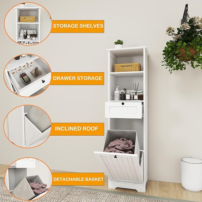 Tall Tilt Out Laundry Room Cabinets and Storage with Hidden Removable Basket, Pull Out Laundry Cabinet Hamper with Door and Drawer for Laundry Room, Bathroom, 13 Gallons