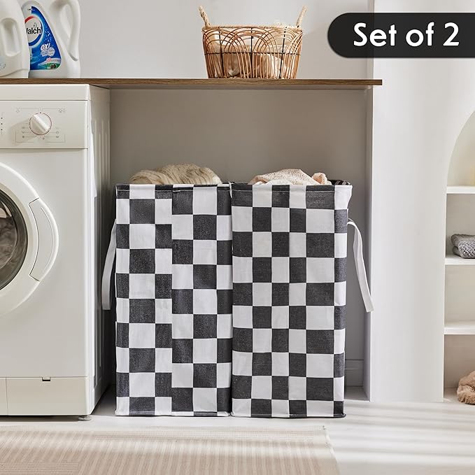 Checkered Laundry Hamper, Pack of 2, Large Black White Aesthetic Collapsible Cloth Hampers Basket for Storage Organization Cute Race Cars Boy Room Decor, 2 x 75L
