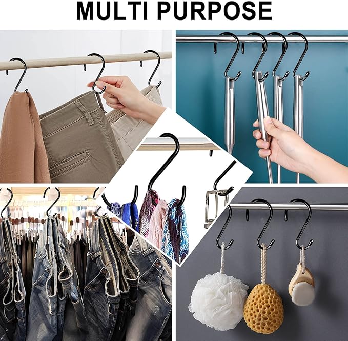 12 Pack 6 Inch Heavy Duty Large S Hook Vinyl Coated S Hooks for Hanging Plants,7mm Thickness Non Slip Sturdy Metal Black Jean Hooks for Closet,Bird Feeders,Kitchen,Large Object,Tools,Bikes