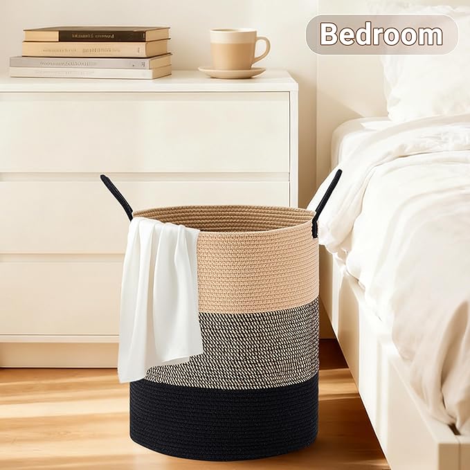 Tall Laundry Basket with Handles, 72L Portable Dirty Clothes Hamper, Boho Cotton Rope Storage Bin for Blankets Kids Toys Gifts, Large Organizer for Baby Nursery Bedroom Bathroom, Brown & Black