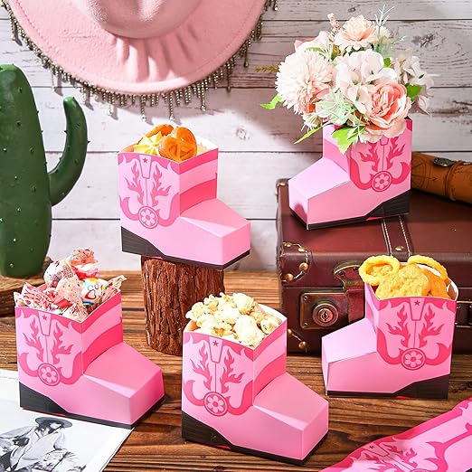 24 Pcs Cowboy Boots Paper Boxes Western Theme Party Decorations Favors Wild West Popcorn Boxes Boot Shape Bag for Cowboy Birthday Bachelorette Baby Shower Party Supplies(Pink)