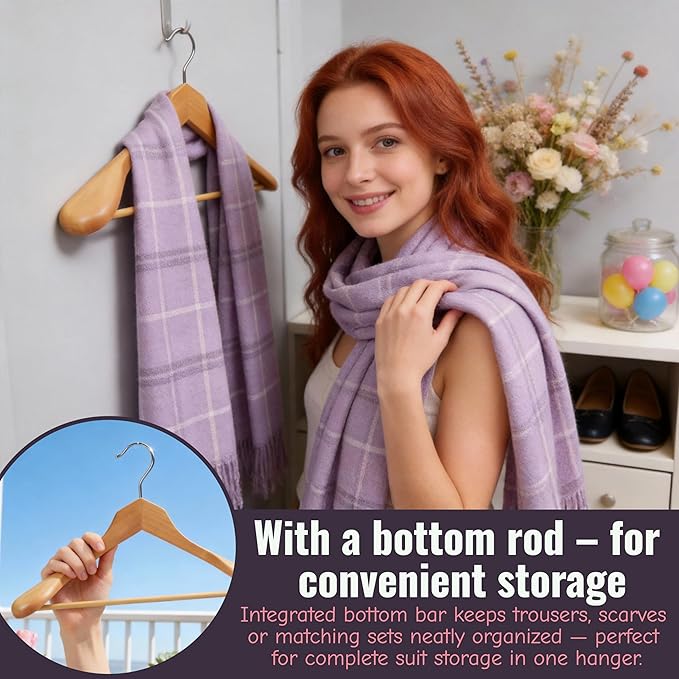Luxury Wide Shoulder Wooden Suit Hangers with Pants Bar, Solid Wood Jacket Clothes Hangers Smooth Finish for Sweater Dress Pants Sport Coats (Natural, 6 Pack)