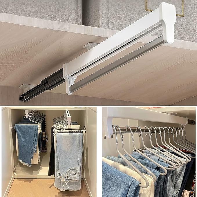 Pull Out Closet Valet Rod, Adjustable Sliding Heavy Duty Steel Top Mounted Clothes Storage Hanger Rail for Closet Wardrobe (347mm/13.7inch)