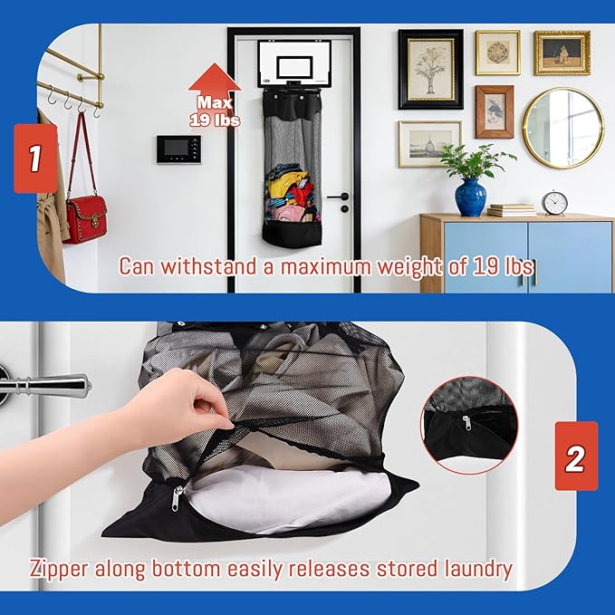 Over the Door Basketball Laundry Hamper and Basketball Hoop, 2-in-1 Wooden Sports Laundry/Clothes Basket with Hoop and a Bottom Zipper for Kids Teen Bedrooms, Dorm Rooms, Bathroom