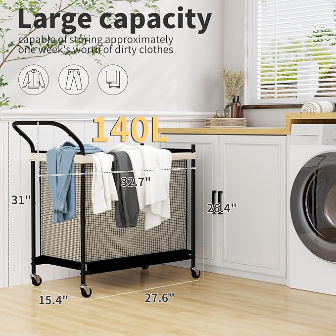Laundry Hamper with Wheels,Laundry Basket with Removable and Washable Liner Bag, Metal-frame Laundry Cart with Handle for Bedroom, Bathroom, Dorm Room, Laundry Room (140L)