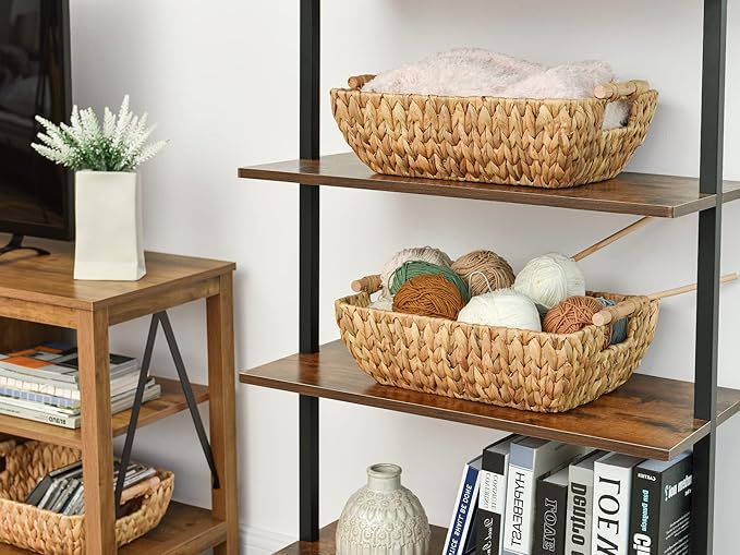 StorageWorks Hand-Woven Storage Baskets with Wooden Handles, Water Hyacinth Wicker Baskets for Organizing, 2 Pack