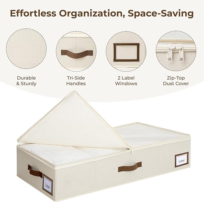 Cupic Cupid Under Bed Storage Containers, Foldable Organizer with Lid for Bedroom, Underbed Storage Box for Blankets, Clothes, Shoes, 2 Pack, Beige
