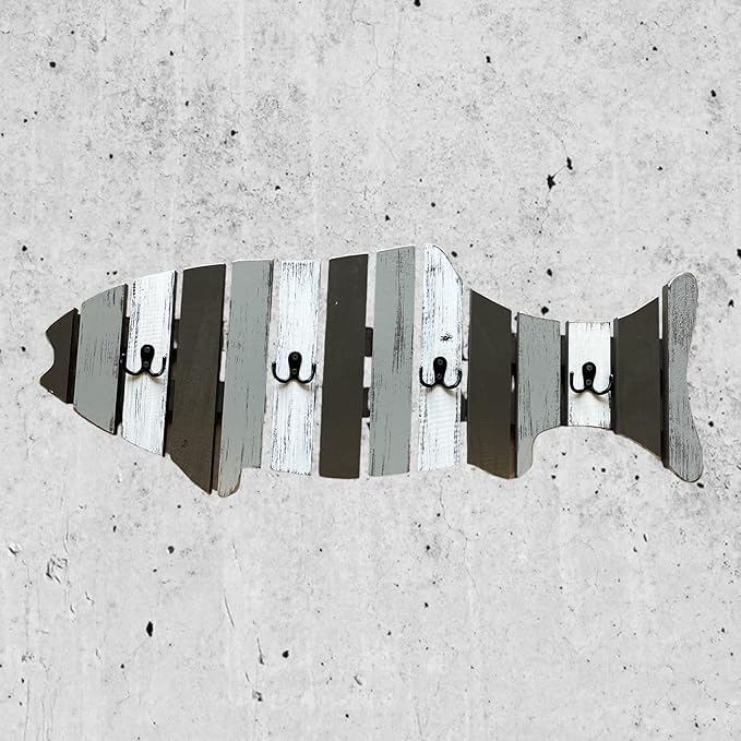 Coatrack FISH with metal hooks Shaped Fish Coat Rack Stained BLUE Brown Cream White Grey Taupe Nautical Lake Beach Ocean Sea Wall Home Decor