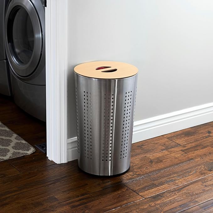 Household Essentials 7081-1 Round Metal Laundry Hamper - Removable Liner Bag and Wood Lid - Stainless Steel