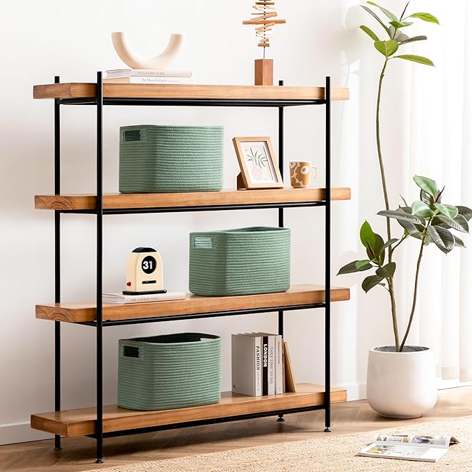 UBBCARE 4 Pack Storage Baskets for Organizing, Shelf Baskets with Handles, Woven Storage Baskets for Bookcase/Cube Shelf/Closet, 14.5"L x 9.8"W x 9"H, Green
