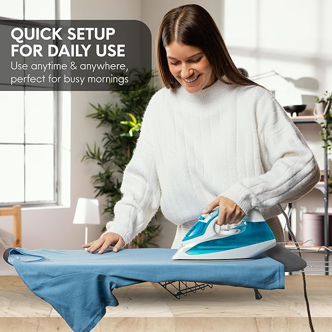 Ironing Board with Cover and Pad – Small Folding Board, Compact Tabletop Ironing Board Foldable with Padding, Portable Adjustable Heavy Duty Iron Board with Iron Holder for Clothes and Laundry