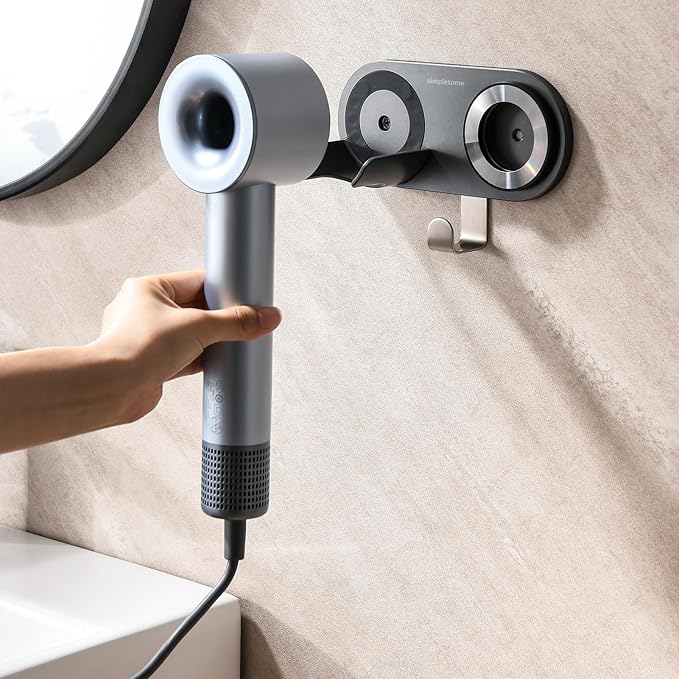 simpletome Hair Dryer Holder Wall Mount for All Magnetic High Speed Blow Dryer with Plug Cord Organizer Hook (ABS Plastic, White)