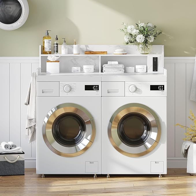 Upgraded 2-Tier Washer and Dryer Countertop with Power Outlet,54" W x 27.6" D Large Laundry Countertop for Fold Clothes, Laundry Topper with Non-Slip Pads & Metal Hooks and Storage Basket