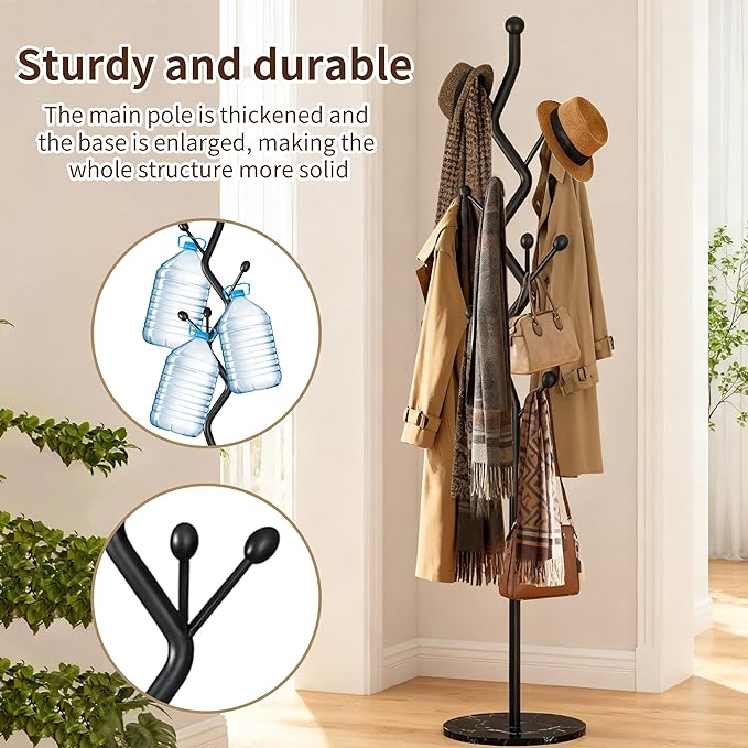 68.9 Inch Tall Modern coat Rack,Black Freestanding coat Rack Tree,Heavy-Duty Metal Coat Rack Stand with Sturdy Marble Base for Entryway,Hallway,Bedroom,Holds Coats Hats Bags Scarves