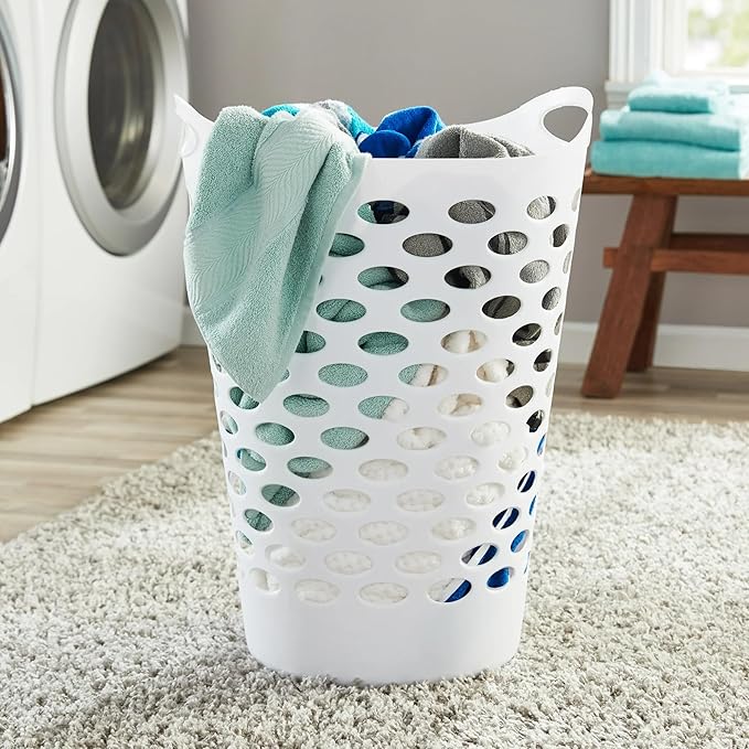 3 Pack Mind Reader Plastic Laundry Basket, 2.2 Bushel （17.5" x 26"）Large Capacity Dirty Clothes Laundry Hamper, Flexible Round Wicker Hamper with Reinforced Rim and Integrated Handles, White
