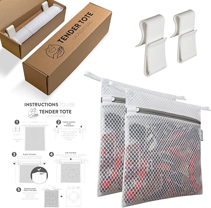 2Pcs Mesh Laundry Bags for Delicates w/Hooks, Hanging Durable Laundry Mesh Wash Bags Attachable Inside Laundry Basket, Lingerie Bags for Washing Bras, Socks – 12x10 Washable Laundry Bag