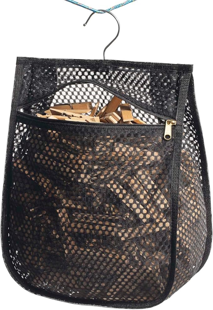 Mesh Clothespin Bag for Clothesline Outdoor, Clothes pin Bag with Zipper Closure, Large Opening, Large-Capacity Clothespin Storage Organizer with Hooks, Use YKK Zipper