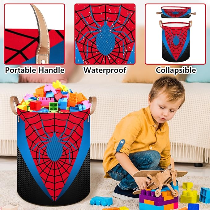 Red Spider Web Large Laundry Hamper Basket, Round Collapsible Storage Organizer Bin for Kids, Boys, Nursery, Closet, Bedroom, Playroom, Toys, Dirty Clothes, 16"W x 20"H