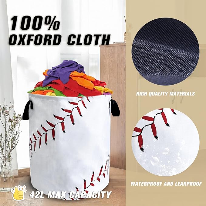 Baseball Texture Pattern Laundry Basket Ball Foldable Oxford Cloth Funny Tote Bag Laundry Hamper Clothes Storage Bucket Toy Organizer For Bathroom/Laundry Storage/Bedroom 18.9x16.5 Inch