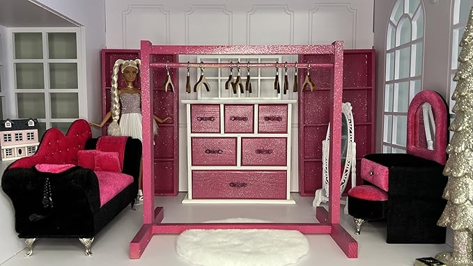 Eledoll DIY Dollhouse Furniture Clothes Hanger Rack Wooden Stand Wardrobe 1:6 Furniture with Hangers & Dressing Mirror for 11.5” 12” Fashion Doll Dress Form…