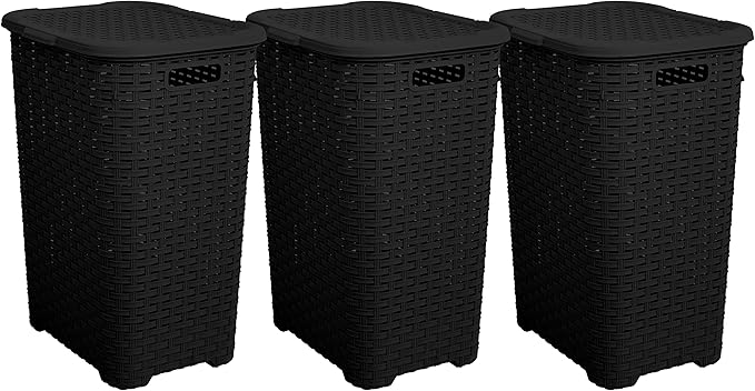 Plastic Laundry Hamper with Lid 3 Pack Laundry Hamper Basket, Black Tall Cloths Hamper Organizer with Cut-out Handles. Space Saving for Laundry Room Bedroom Bathroom, Wicker Design 60 Liter