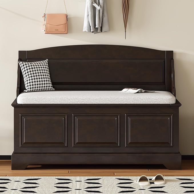 Retro Storage Bench Entryway Bench Shoe Cabinet with Safe Soft-Close Devices, Removable Seat Cushion, Backrest & Hidden Storage Space for Hallway Entryway Living Room Mudroom (Espresso(New))