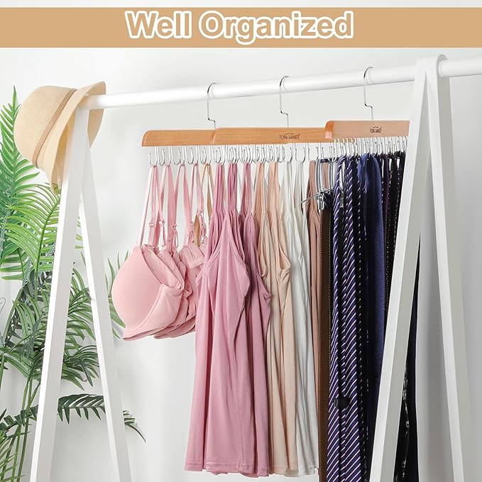 TOPIA HANGER Bra Hanger for Closet, Tank Top Hangers 20 Hooks Capacity Foldable Wood Space Saving Hangers Closet Organizer for Bra, Tank Top, Scarf, Belt, Tie, Hoodie etc - CT46N