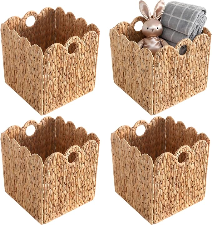 Scalloped Wicker Storage Cubes Basket, Heavy Duty Paper rope/Hyacinth/Seagrass Baskets for Shelves, Foldable Natural Boho Square Bins (Water Hyacinth, 10.5 x 10.5 x 10.5in, 4-Pack)
