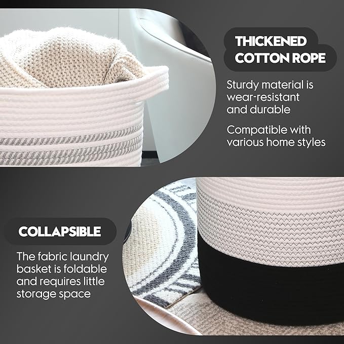 Sea Team Large Size Cotton Rope Woven Storage Basket with Handles, Laundry Hamper, Fabric Bucket, Drum, Clothes Blankets Organizer for Kid's Room, 18 x 20 inches, Round Open Design, White & Black