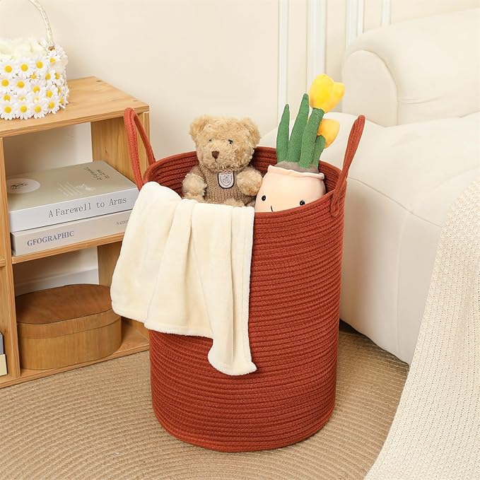 40L Woven Laundry Basket Hamper, 100% Natural Cotton Rope, Handwoven & Durable, Storage for Blankets, Toys, Clothes, Decorative Nursery Hamper for Living Room, Baby Room, Bedroom (Terracotta)
