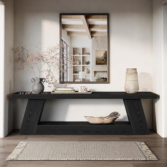 Tribesigns 63" Wooden Entryway Bench with Storage Shelf, Rustic Extra Long Bench, 2-Tier Narrow Hallway Seating Bench for Living Room, Bedroom, Kitchen(Black)