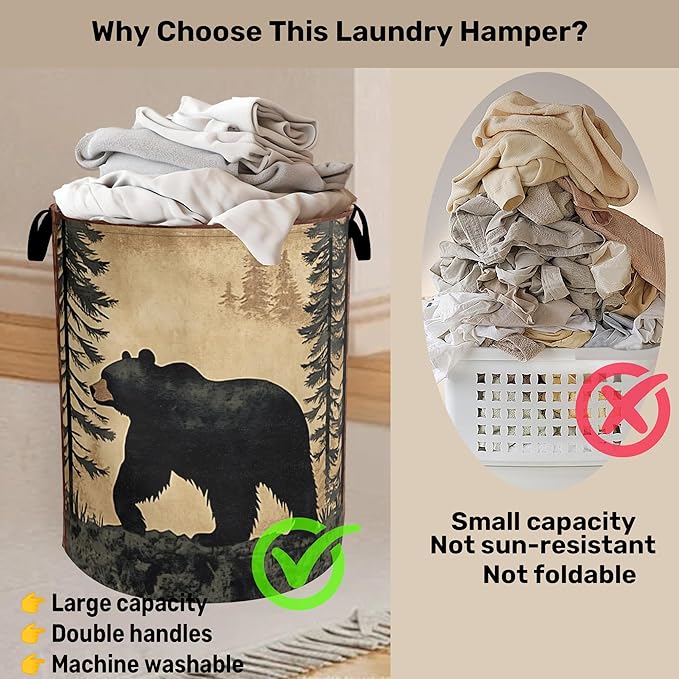Bear Mountain Laundry Basket - Cabin Laundry Hamper, Heavy Duty 60L Dirty Clothes Organizer, Water Resistant Foldable Hamper for Men Women