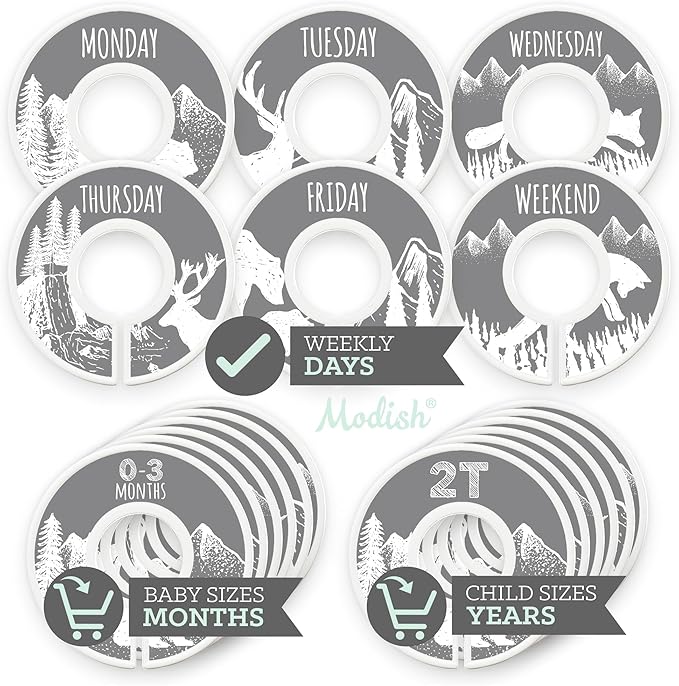 Days of the Week School Clothes Organizer, Modish Labels Weekly Monday through Friday Kids Closet Organization, Girl Boy Neutral Gray Woodland Animal Outdoor Mountain Forest Safari Explorer Room Décor