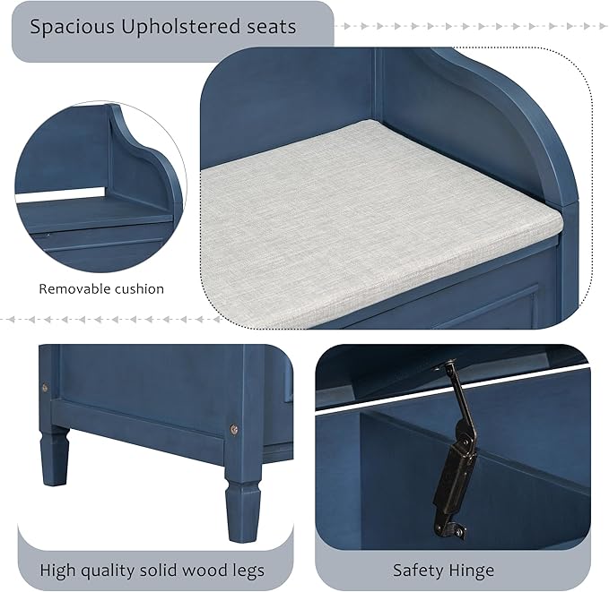 42" Rustic Storage Bench Entryway Bench Shoe Cabinet Ottoman with Safety Hinge, Removable Seat Cushion & Hidden Storage Space for Hallway Entryway Living Room Mudroom End of Bed (Antique Navy)