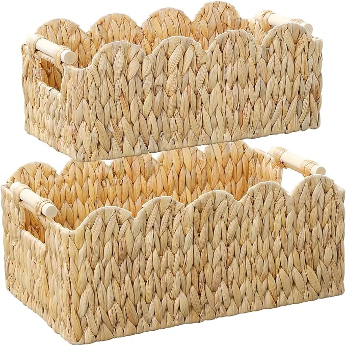 Scalloped Edge Wicker Basket,Hand-Woven Rattan Baskets with Wooden Handles,Natural Water Hyacinth Basket for Laundry,Shelves,Rectangular Set of 2
