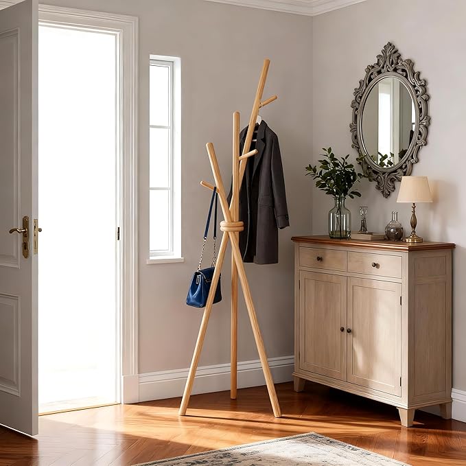 VICITON Wooden Coat Rack, Tripod Coat Tree Freestanding with 3 Hooks for Clothes, Hats and Handbags, Coat Hanger Stand for Bedroom, Living Room, Entryway (Light)