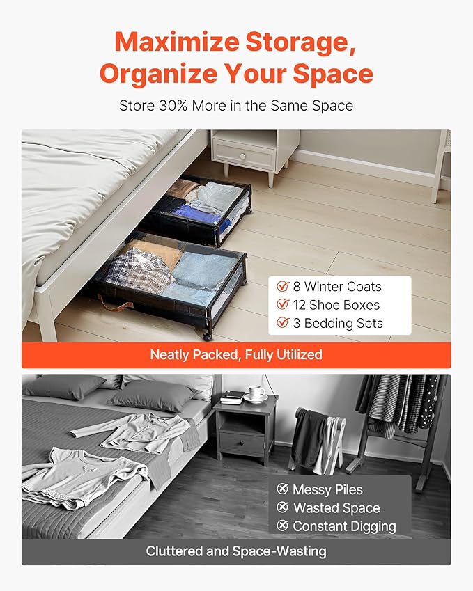 VEVOR Under Bed Storage with Wheels, 36.0 x 18.1 x 7.3 inch, Underbed Containers with Clear Lid, Underbed Shoe Organizer, Rolling Under the Bed Storage Bins for Clothes Shoes Blankets Bedroom, 2 Pack