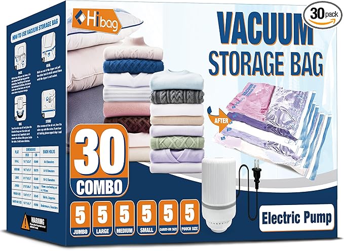 HIBAG Vacuum Storage Bags with Electric Pump, Vacuum Seal Bags for Clothes, Clothing, Pillows, Blanket Bedding Comforters, Combo 30 pack