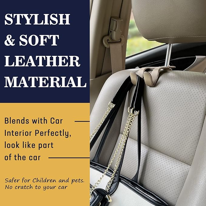 Upgraded Headrest Hooks for Purses and Bags, 2 in 1 Car Back Seat Head Rest Hanger Matching Cars Interior Genuine Leather Vehicle Storage Holder Hook, 2 Pack, Gray